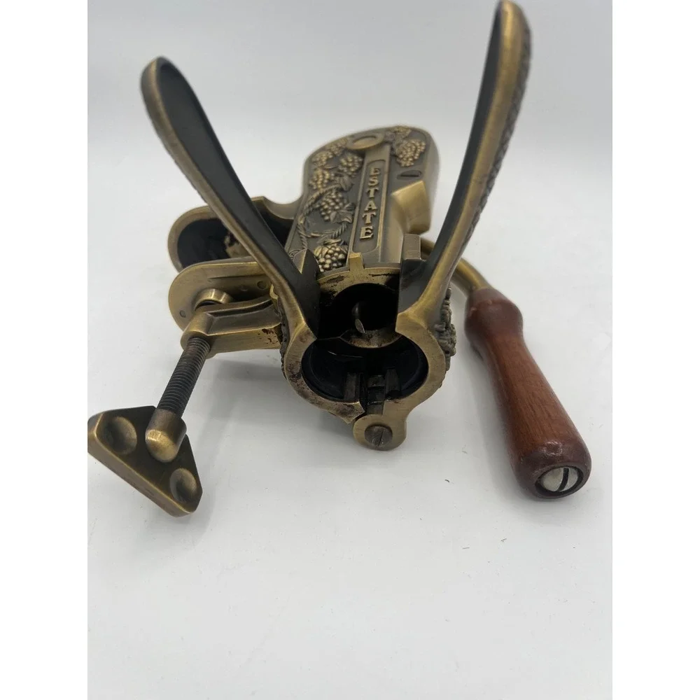 VTG Estate Brass Lever Wine Bottle Corkscrew Wood Handle Table Mount Wine Opener